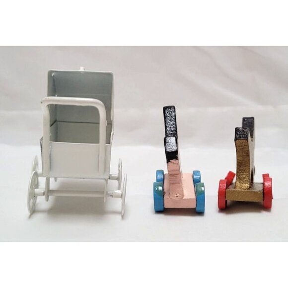 Vintage Lot of 3 Miniature Dollhouse Baby Carriage and Wood Toy Horses - Picture 4 of 8